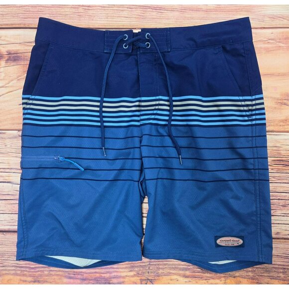 Vineyard Vines Mens Performance Swim Trunks 32 Blue Striped Swimwear Shorts - Picture 1 of 6